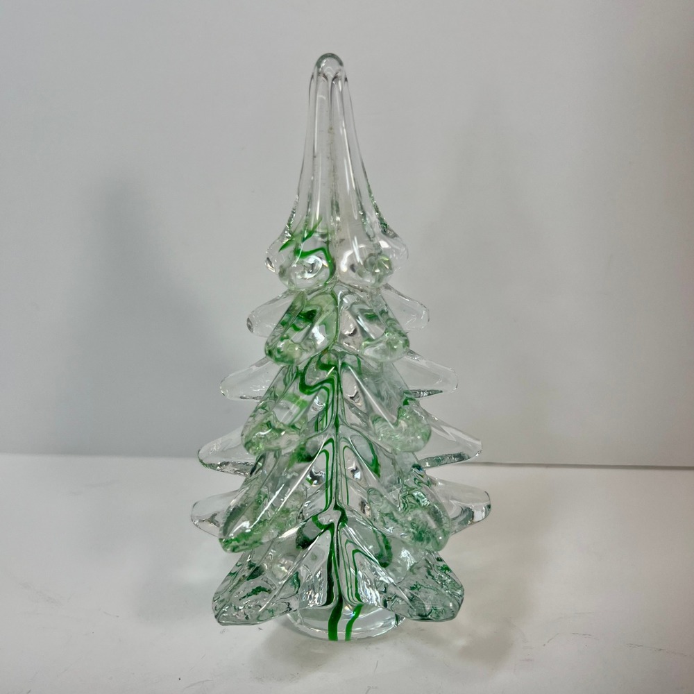 Art Glass Christmas Tree Figurine Clear with Green Swirl 5.25 Inch Holiday Decor - Picture 2 of 9
